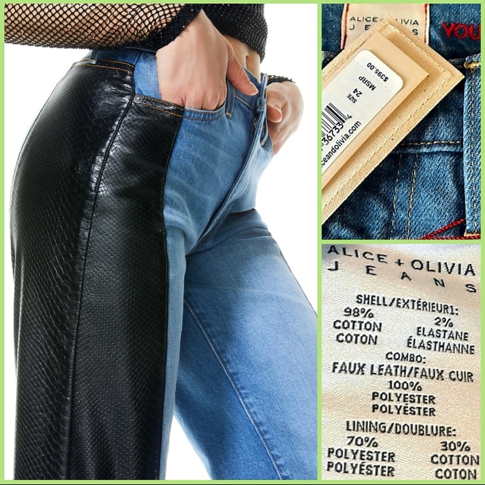 Alice + Olivia Max Vegan Leather Denim Jeans Combo Wide Leg Blue Black Pant - Picture 15 of 17